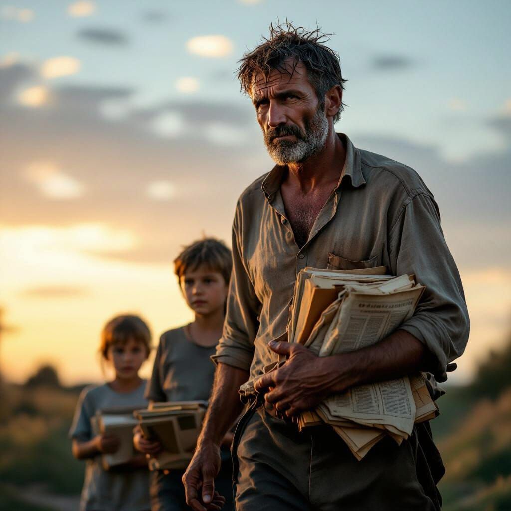 Father's Dawn Sacrifice: Photorealistic Cinematic Still