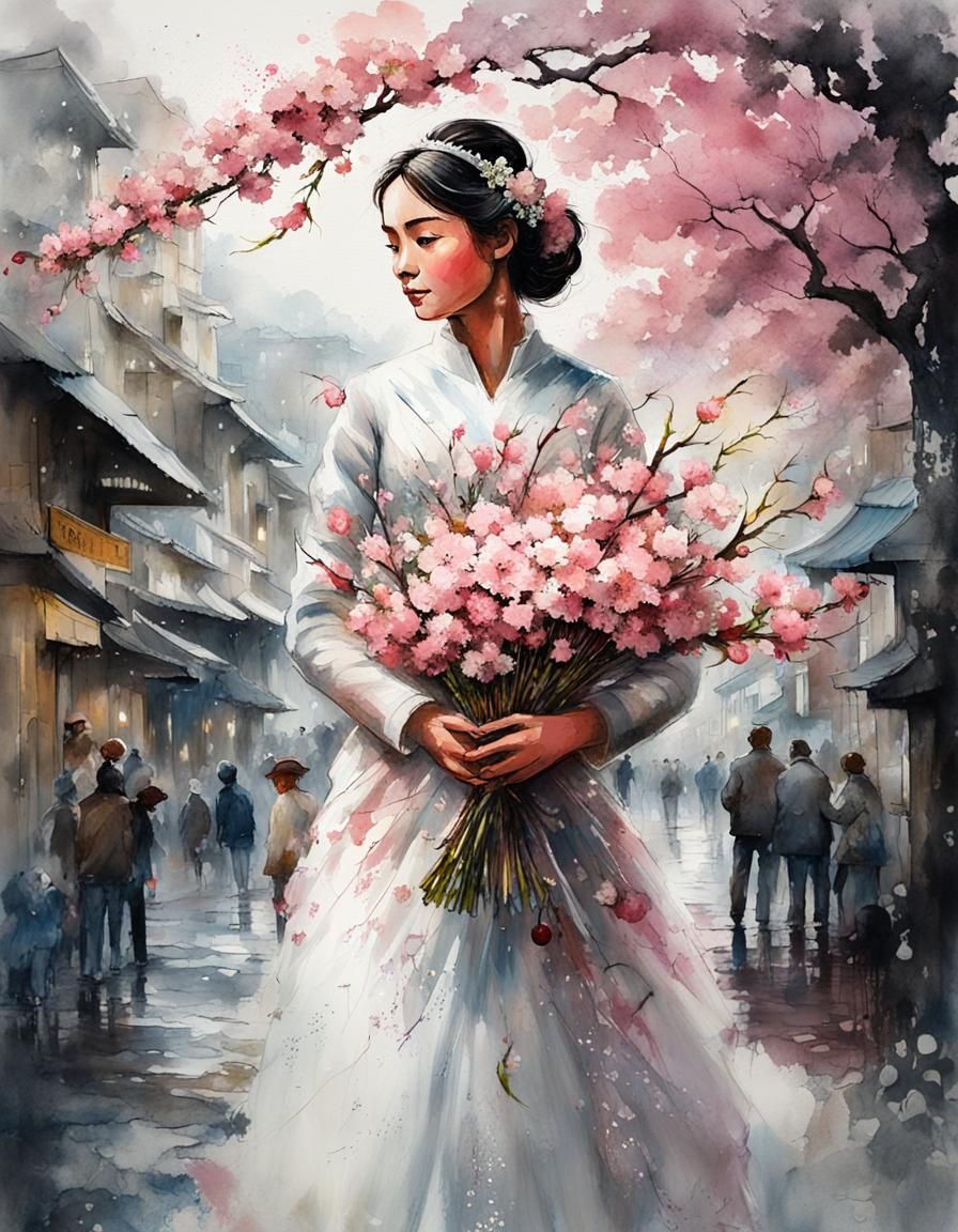 Bride with Cherry Blossoms: Detailed Graffiti Art