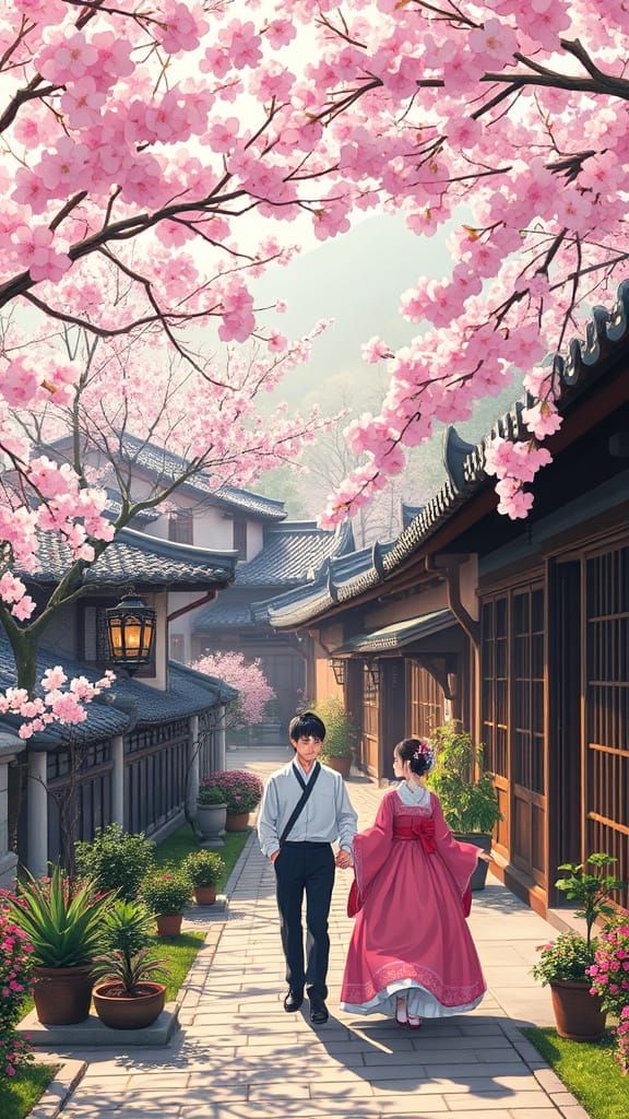 Korean Garden in Full Cherry Blossom Bloom