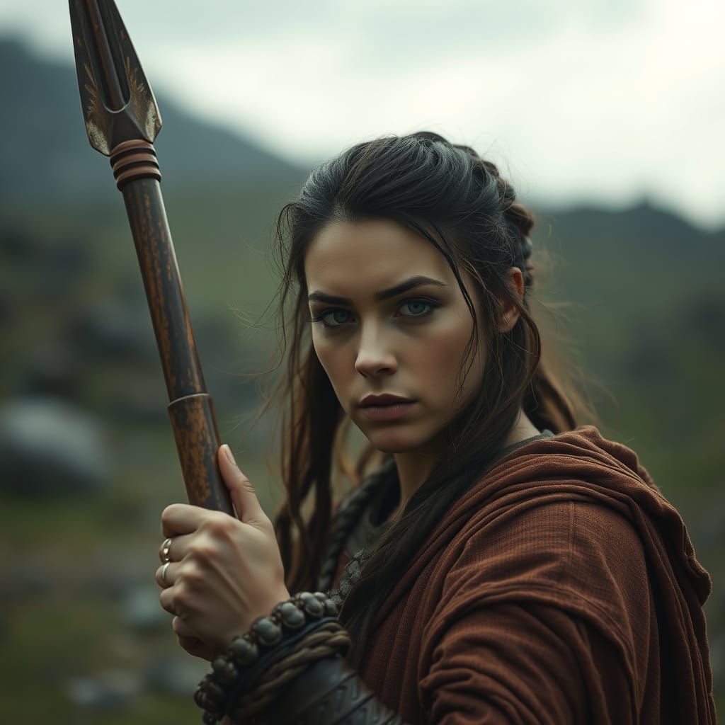 Hyperrealistic Woman with Spear in Cinematic Scene