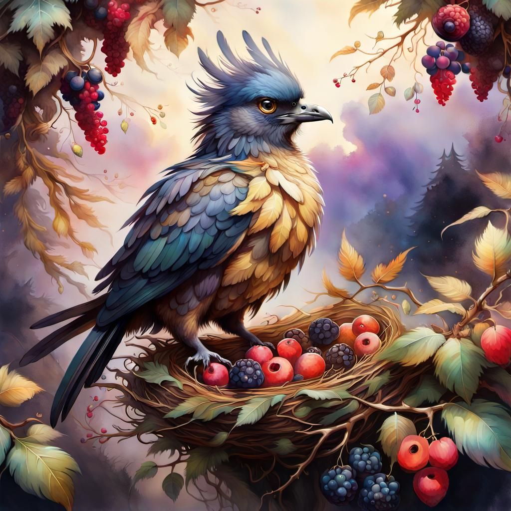 Feathered Creature Soaring to Nest in Watercolor Style