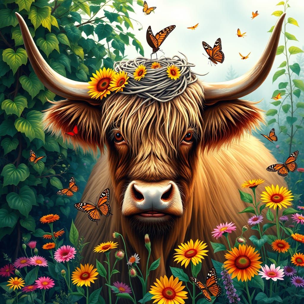 Highland Cow with Bird Nest in Street Art Style