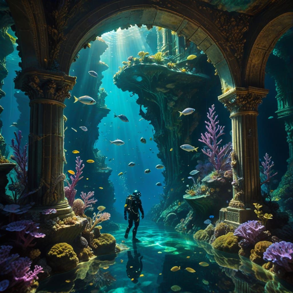 Surreal Underwater Geode City With Bioluminescent Life