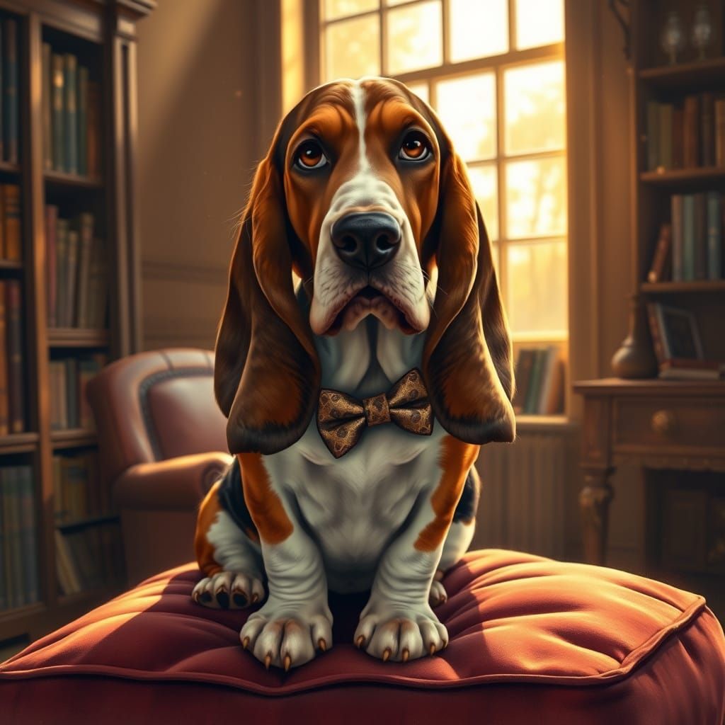 Basset Hound in Ornate Bowtie on Velvet Cushion