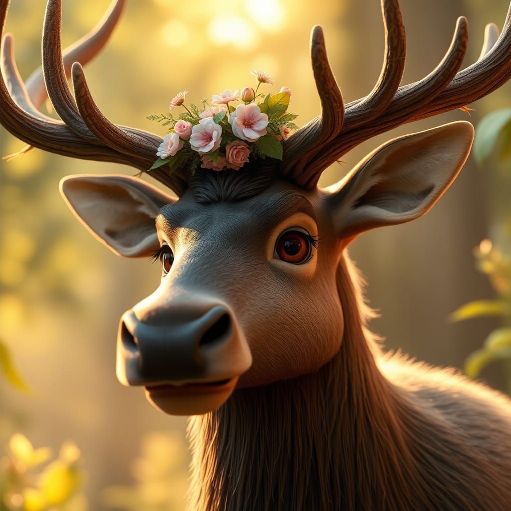 Majestic Elk Portrait with Floral Crown in 3D Animation