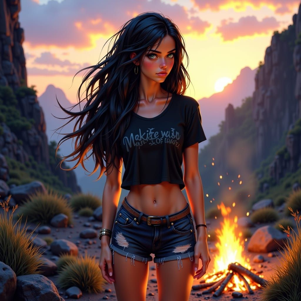 Young Woman Amidst Golden Twilight in the Mountains