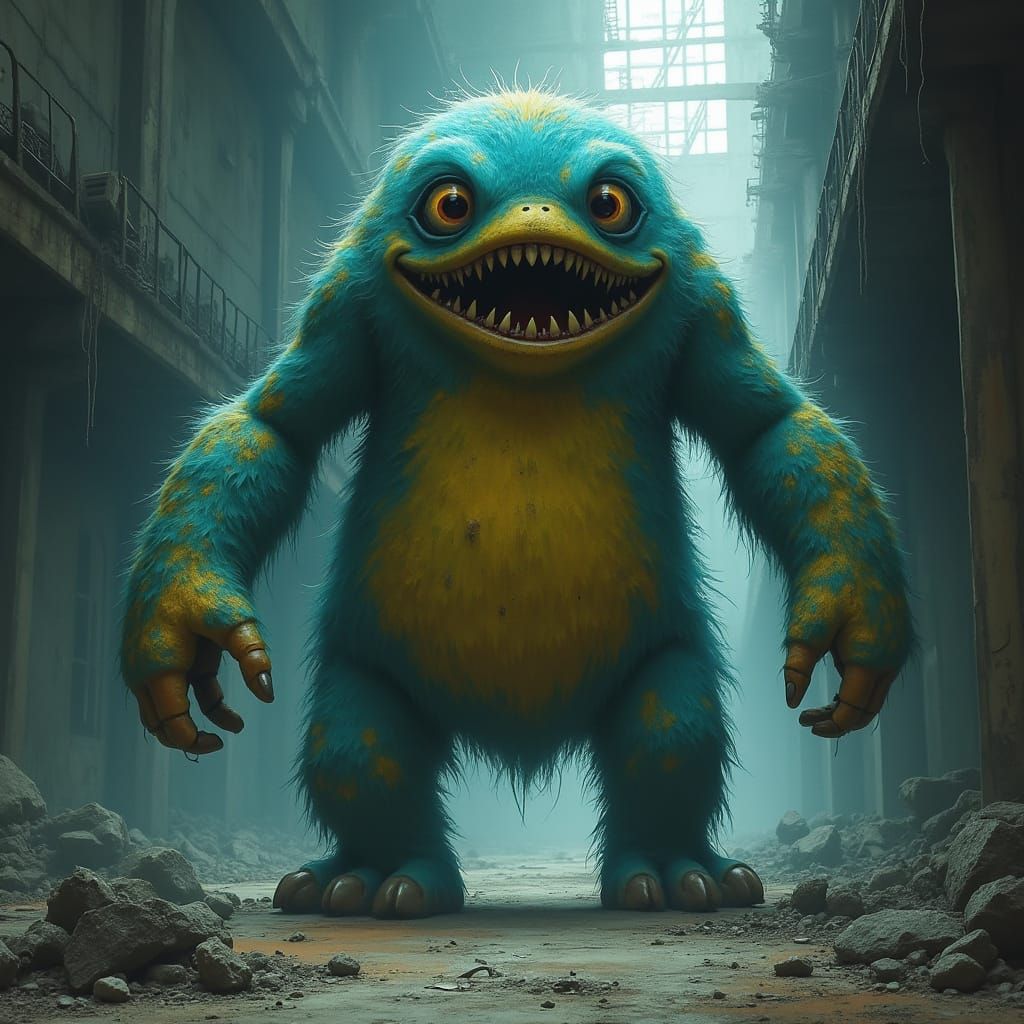 Gigantic Abandoned Factory Monster in Dark, Eerie Atmosphere