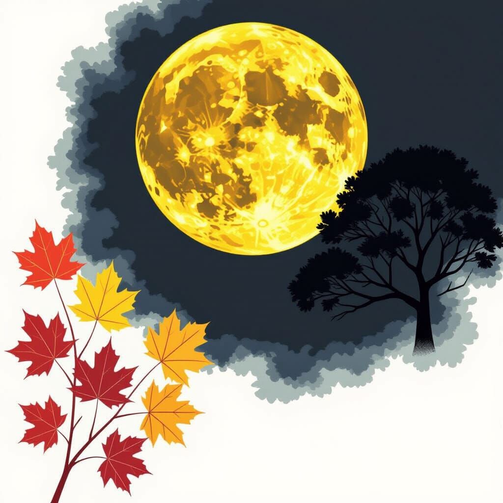 Large Detailed Yellow Moon with Maple Leaf Silhouettes