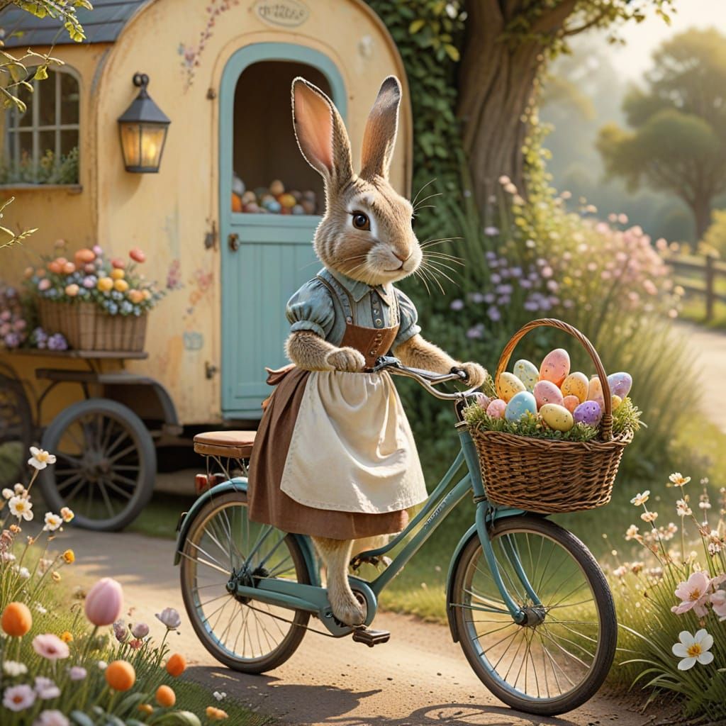 "Osterhase radelt durch die Frühlingslandschaft mit bunten Ostereiern und Anhänger voller festlicher Freude" 🚲🐰🎨