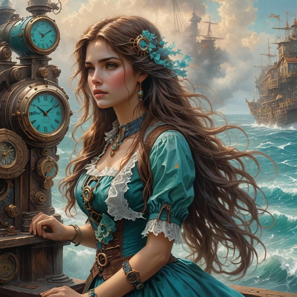 Girl with Steampunk Watch Gazing at Sea