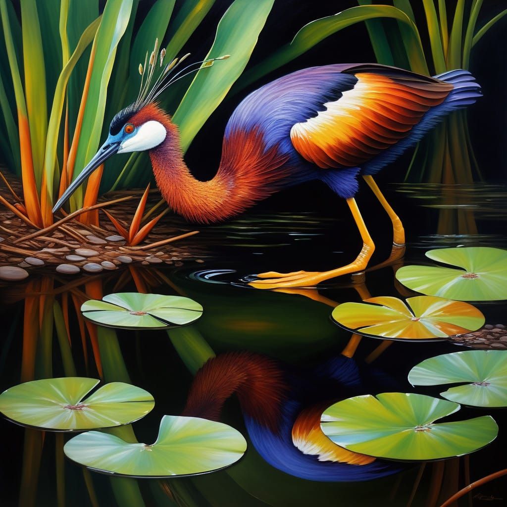 Tropical Jacana Bird in Vibrant Oil Painting
