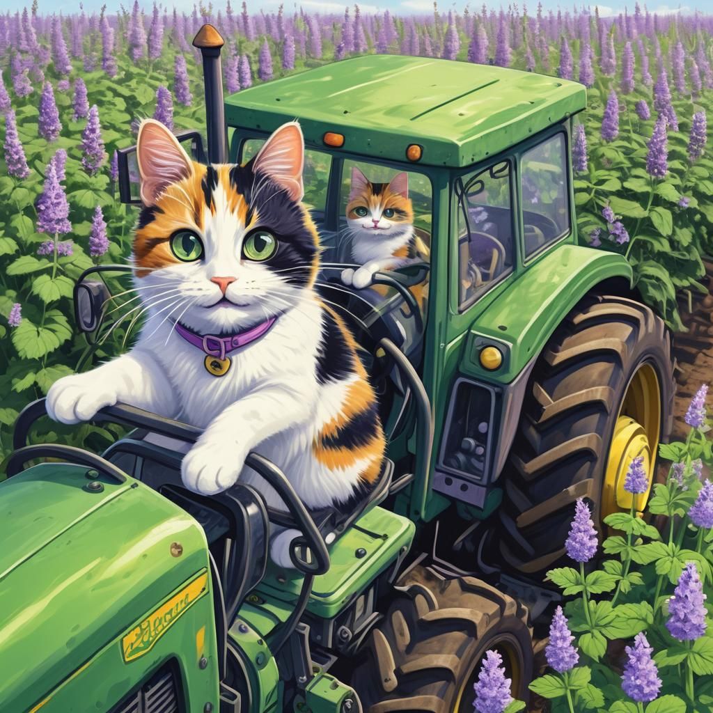 Calico Cat Harvests Catnip Field on Tractor