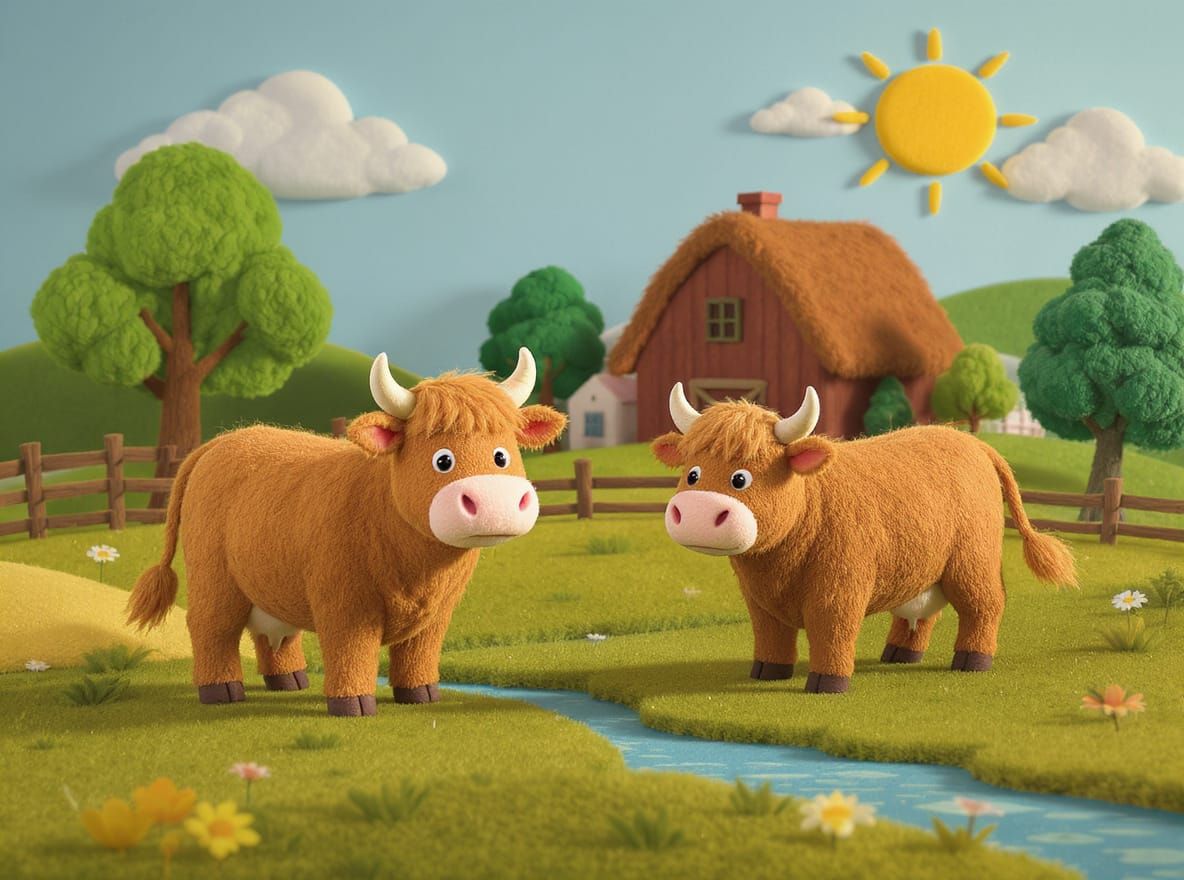 Furry Felt Highland Cows in Summer 3D Scene