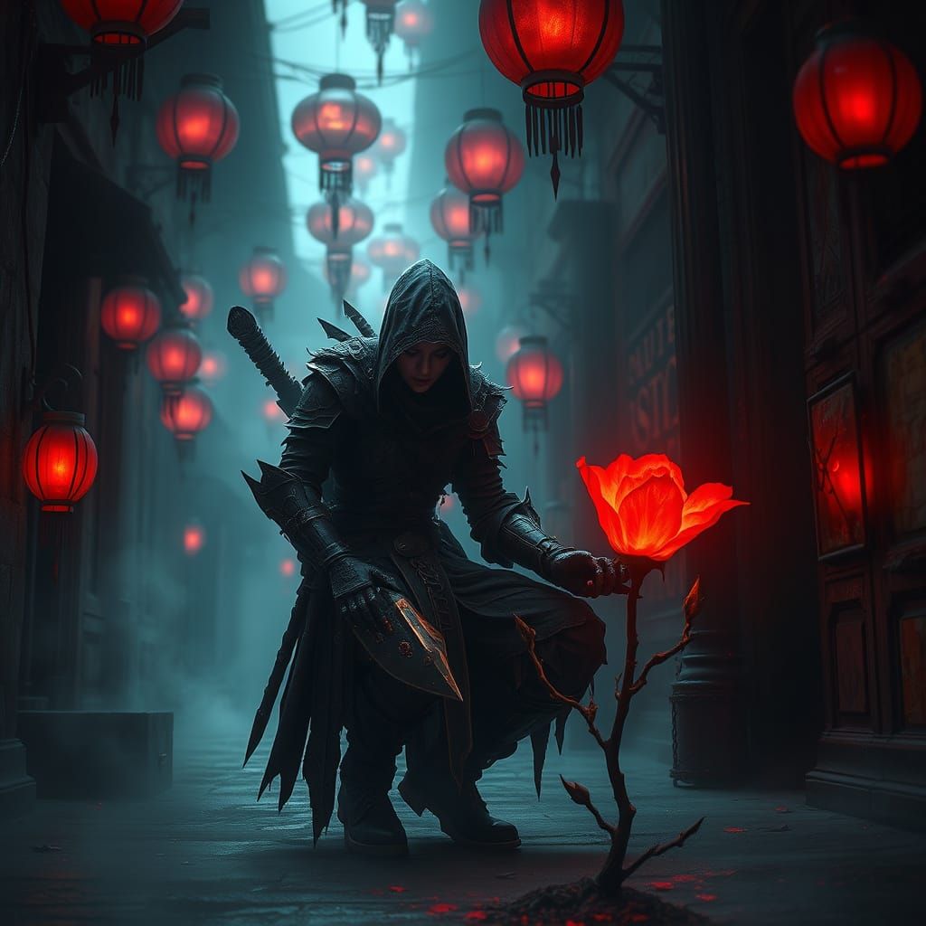 Dark Fantasy Shadow Assassin in Misty Alleyway