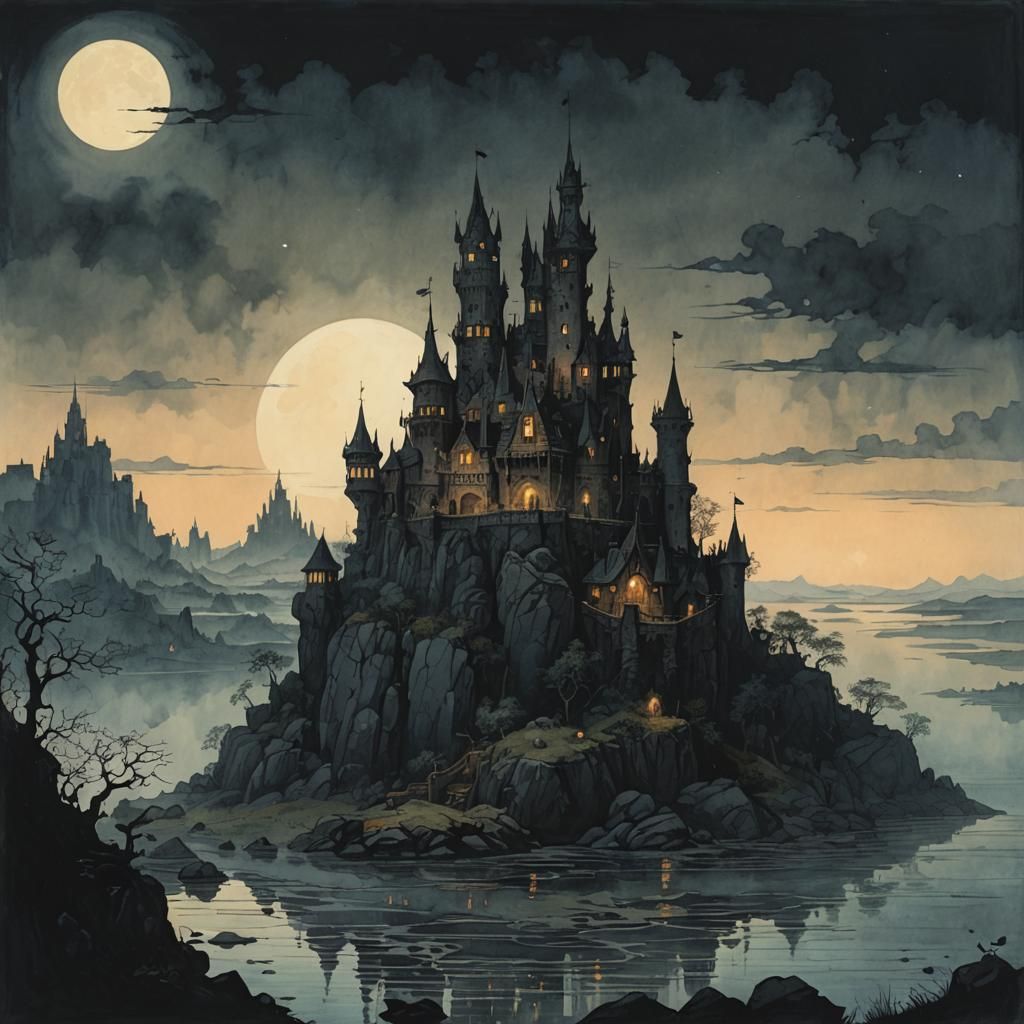 Dark Castle on Rocky Island in Foggy Marsh