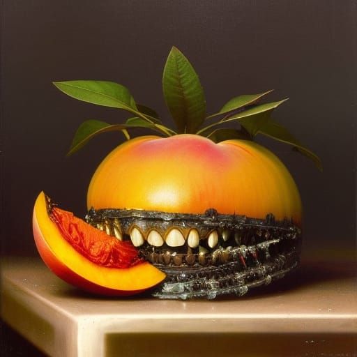 Anthropomorphic Nectarine Smiles Amidst Destruction