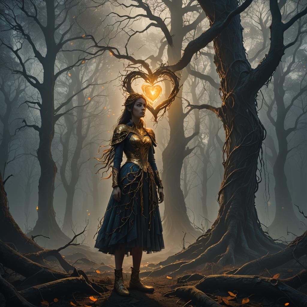 Girl with Golden Heart in Misty Forest