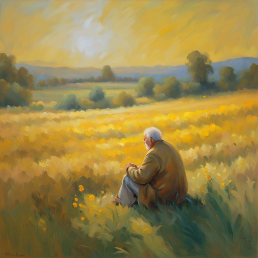 Impressionist Oil Painting of Man in Golden Field
