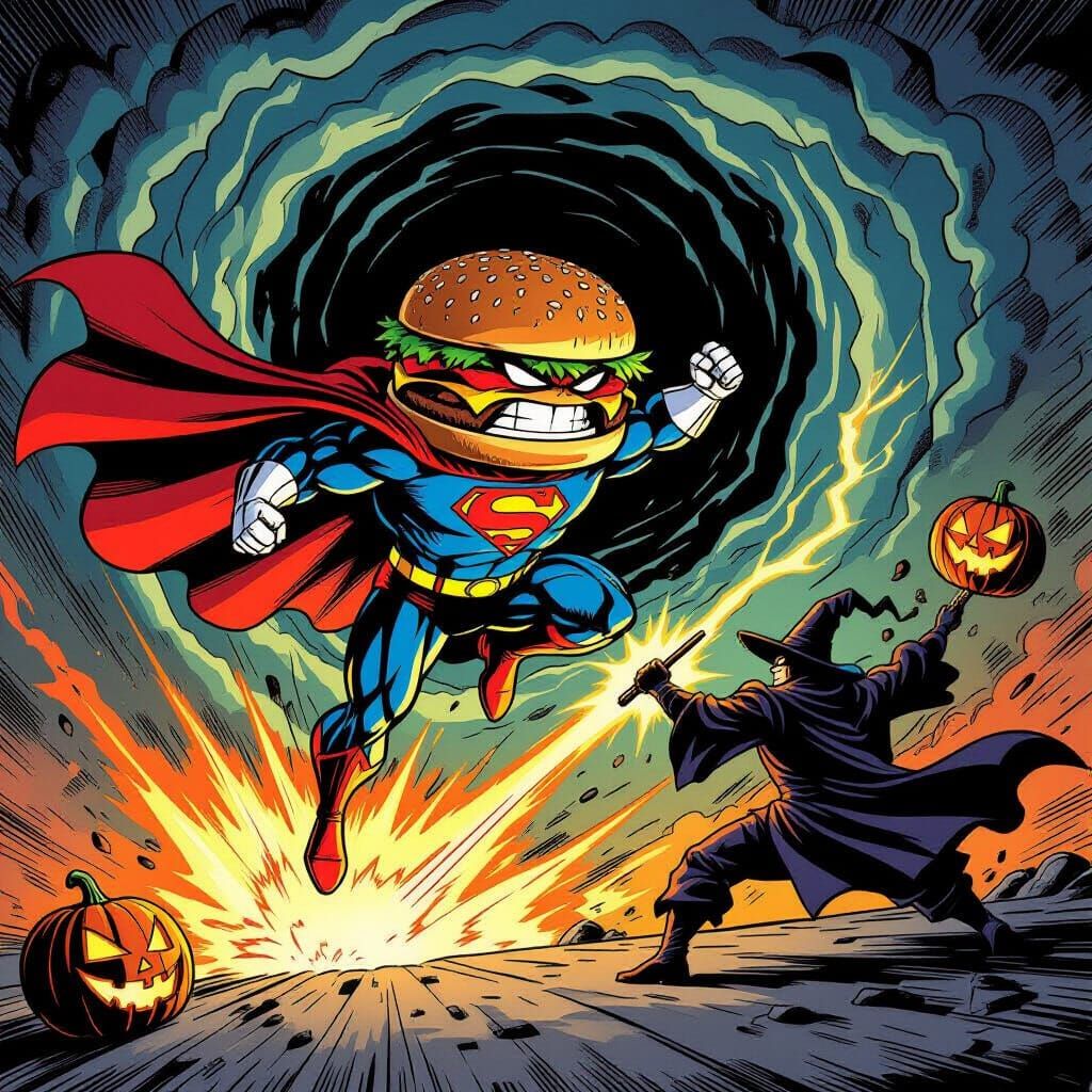 Heroic Burger Battles Evil Pumpkin Mage in Comic Style