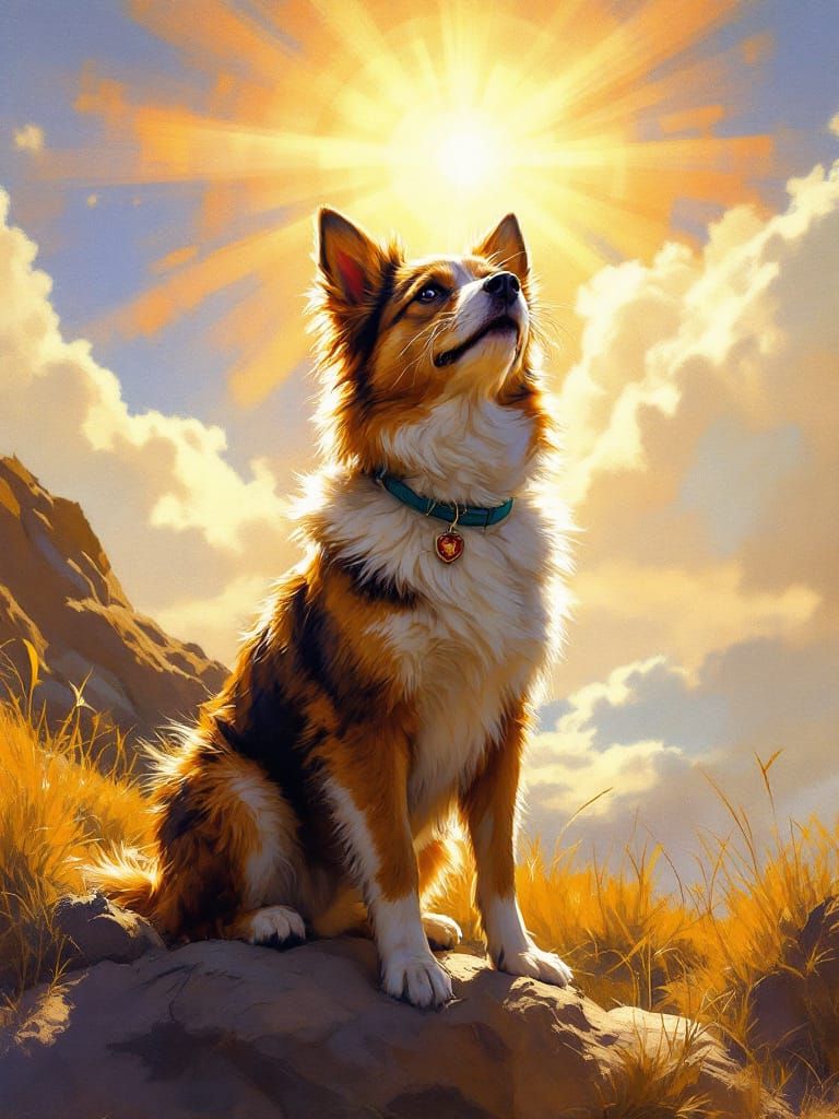 Dog Greets Autumn Sunrise in Luminous Zorn-Rockwell Style