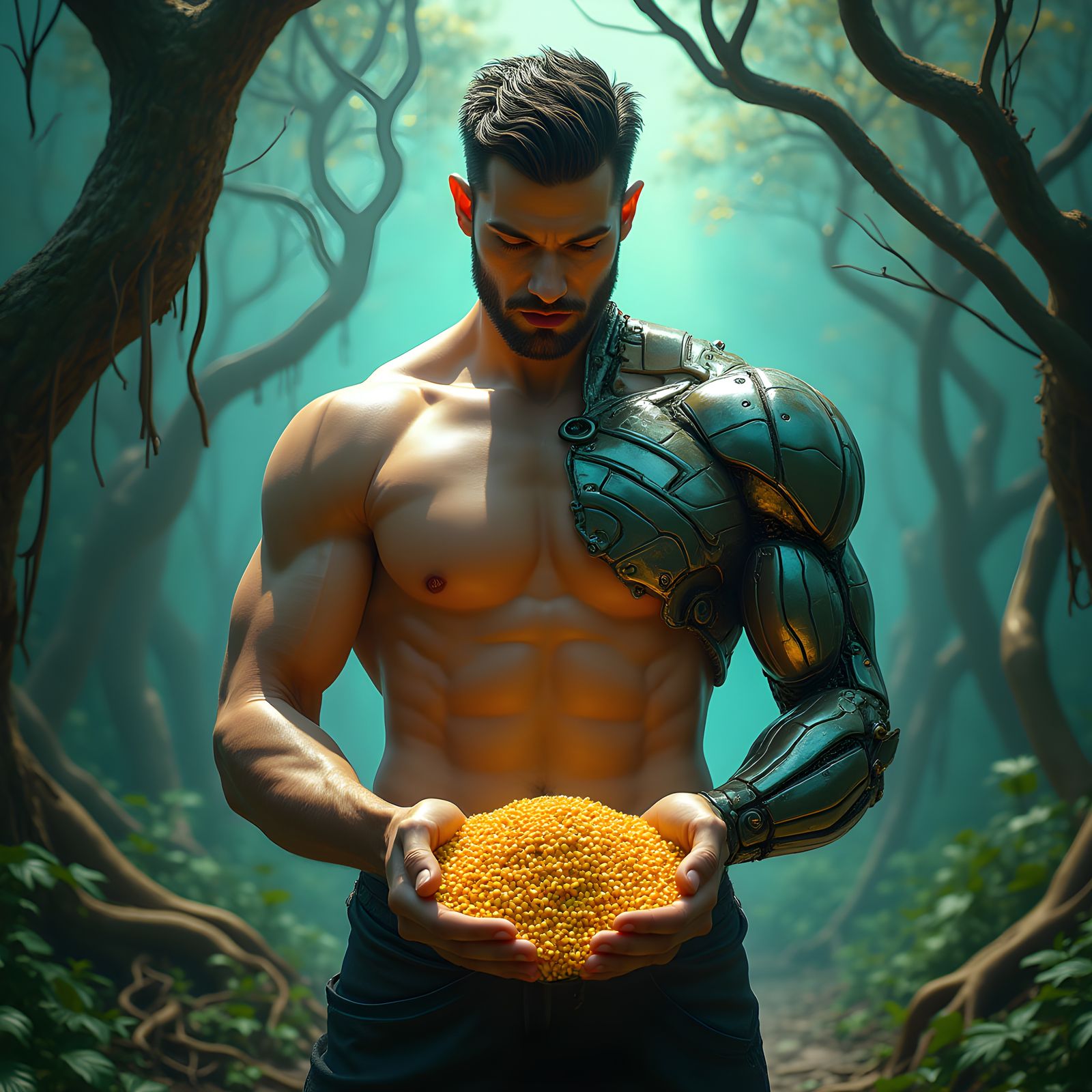Man Holding Corn: Detailed Matte Painting