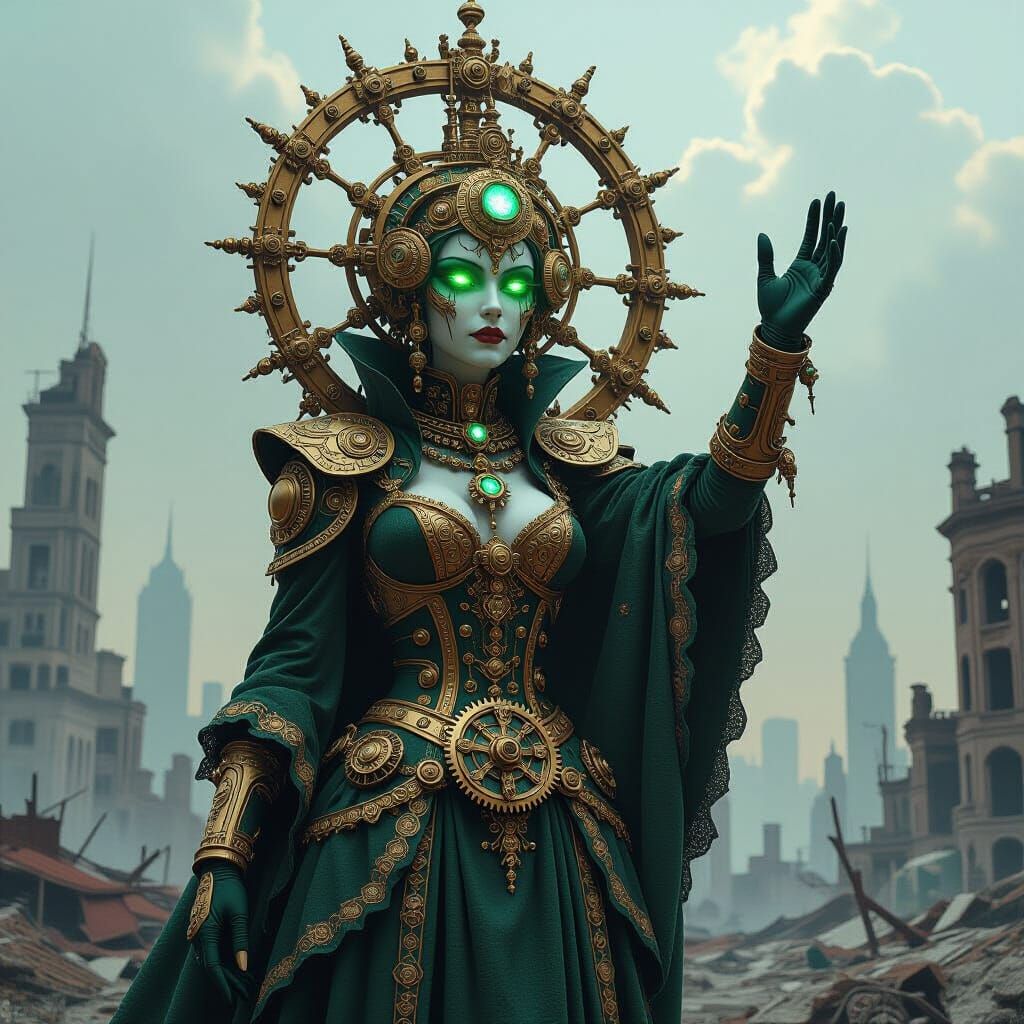 Steampunk Deity Commands Post-Apocalyptic World
