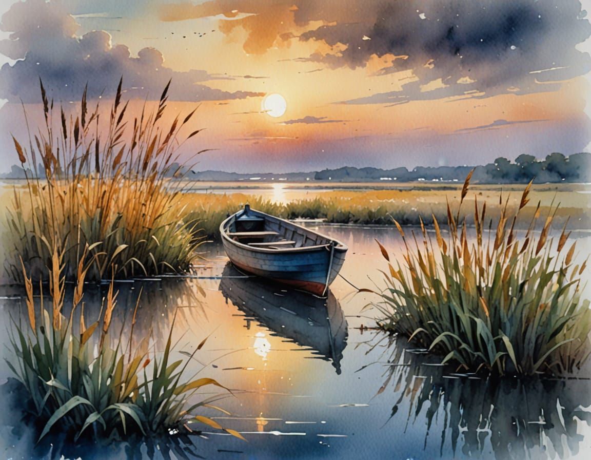 Dreamlike Watercolor Boat in Marsh at Sunset