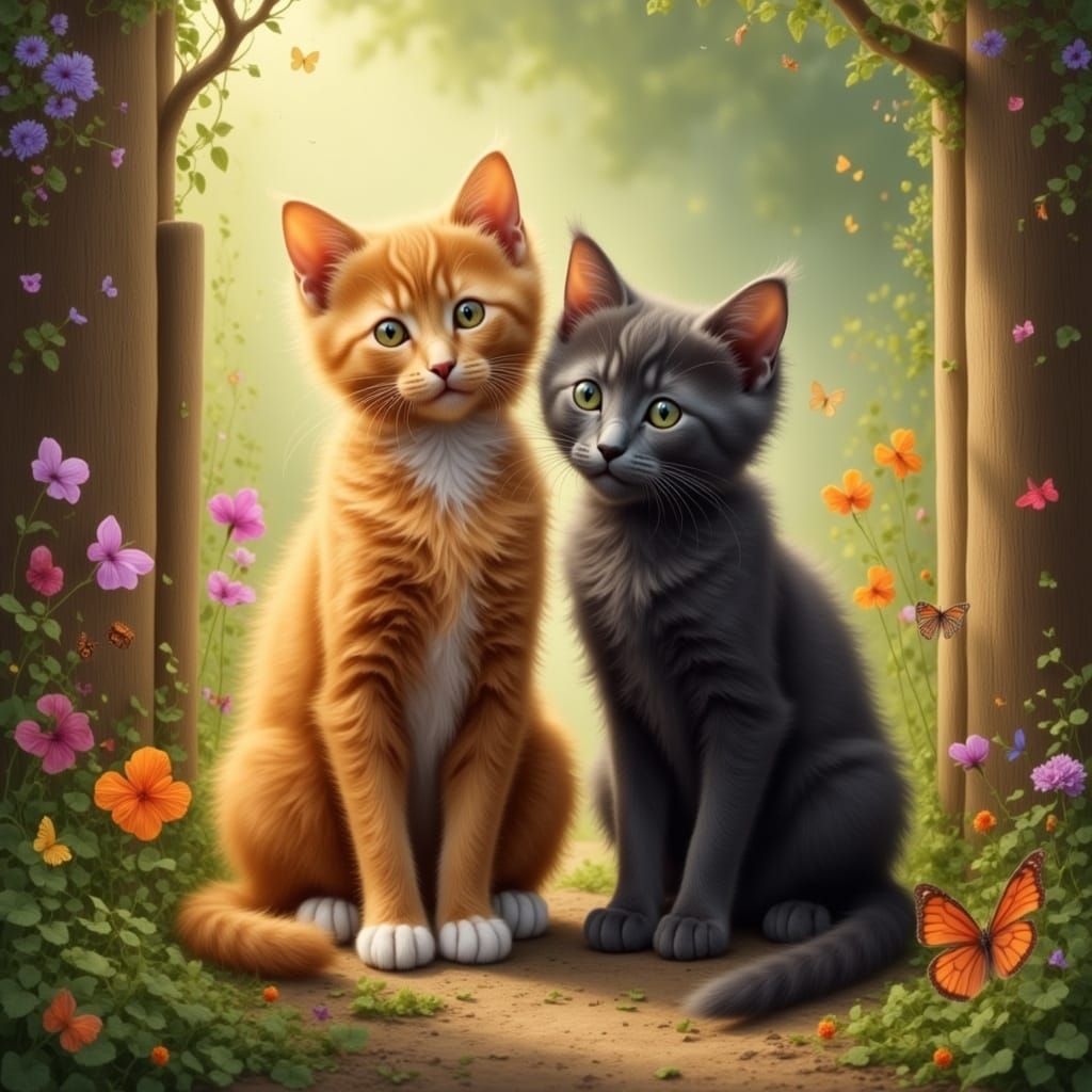 Tender Moment of Two Cats in a Sunny Meadow