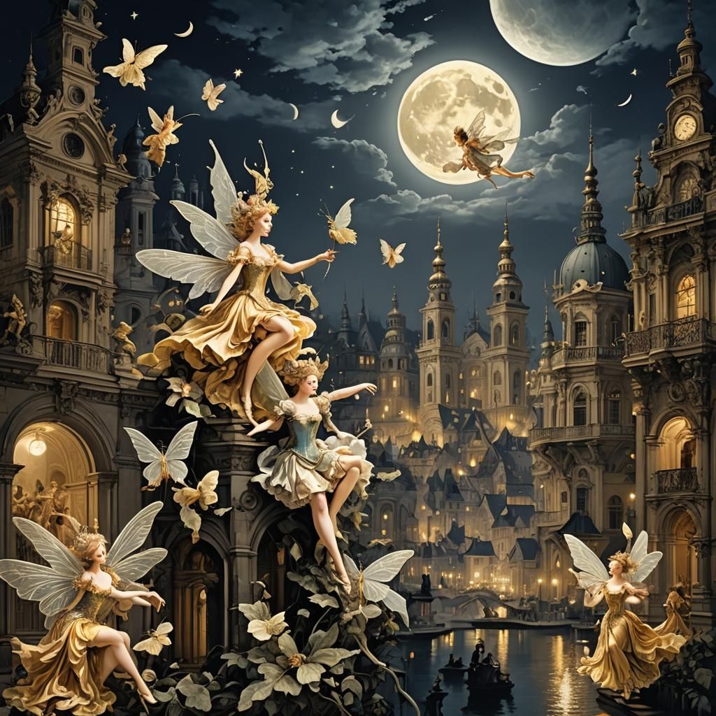 Baroque Fairies Dance in Metropolis Under Moonlight