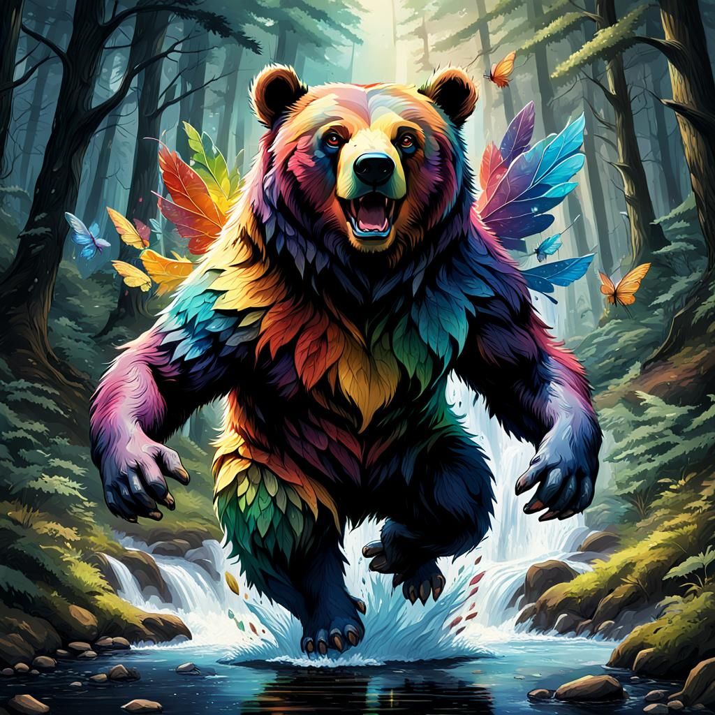 Rainbow Bear Leaps Through Fairy Forest