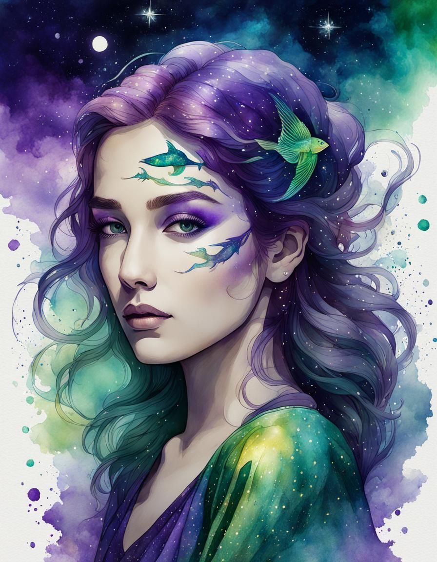 Woman as Pisces Double Exposure Line Art