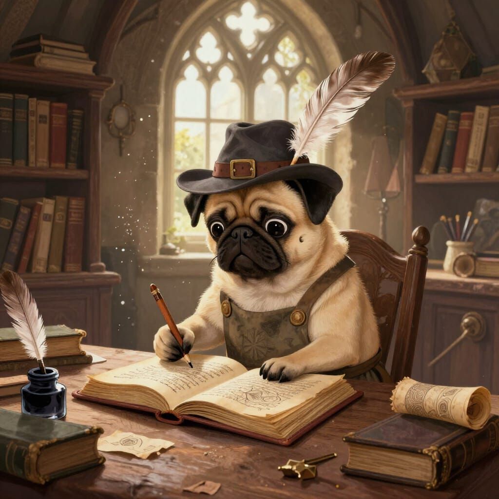 Pug Scribe Illuminating Manuscript in Medieval Study