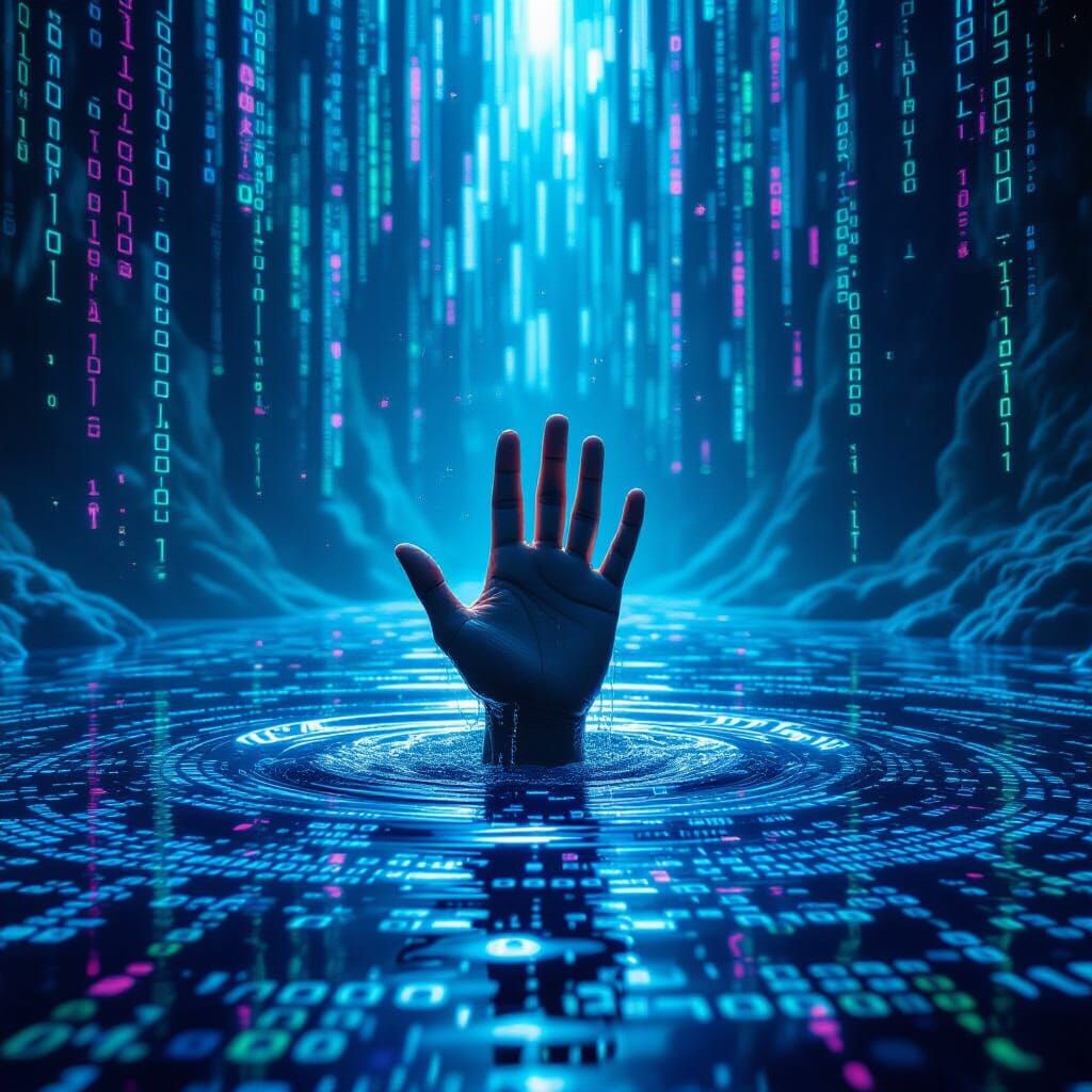 Digital Vortex: Hand Emerging from Binary Code