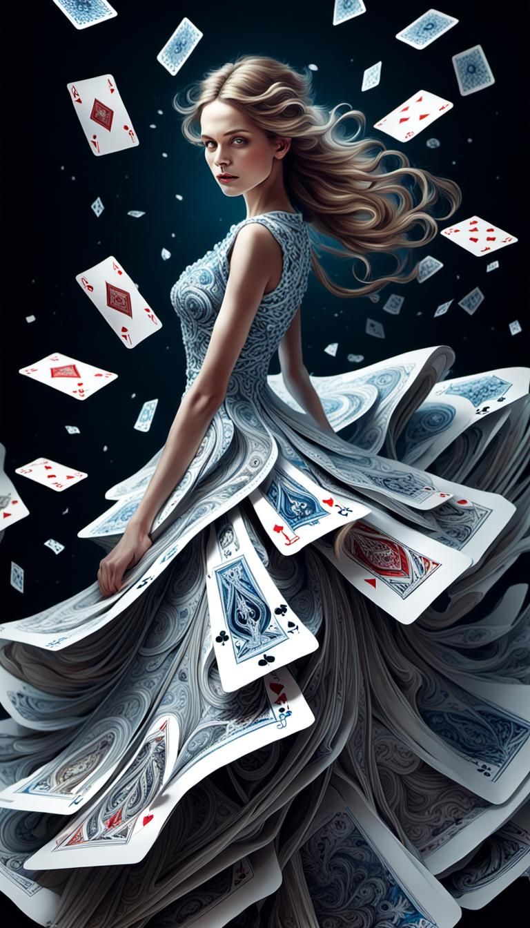 Woman in Poker Card Dress: Fantasy 3D Illustration
