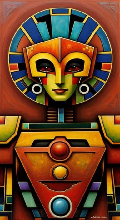 Aztec Art Deco Robot with Marigolds