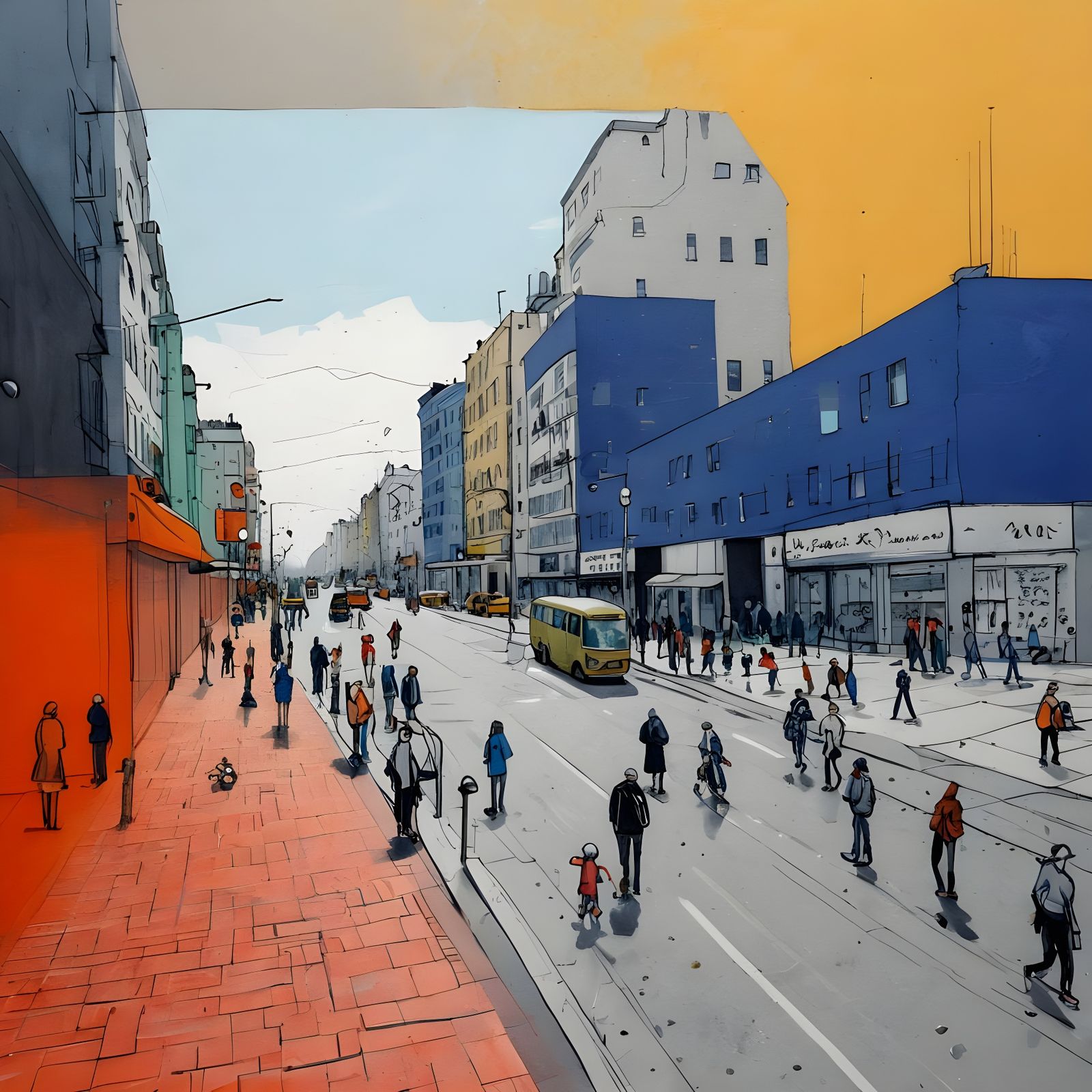 Quirky City Sidewalk Drawing in Urban Sketch Style