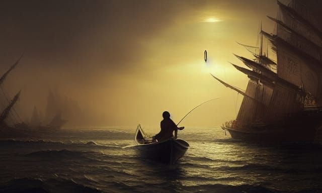 Cinematic Asian Fisherman at Dusk: Dark Fantasy Art