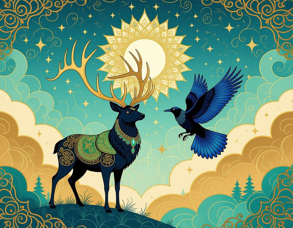 Majestic Stag with Golden Antlers and Raven