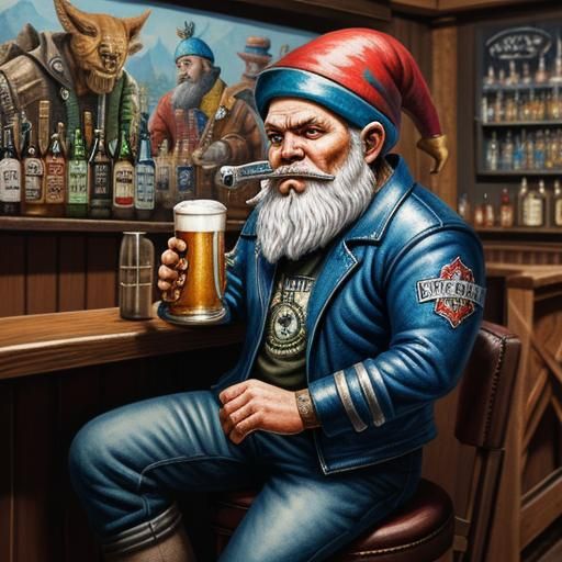 Biker Gnome at Bar: Hyperrealistic Gouache Art