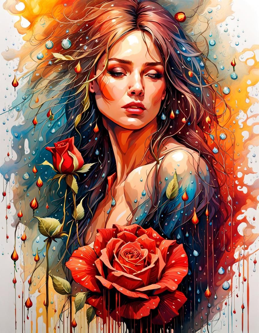 Rainy Rose Portrait in Mixed Media Style