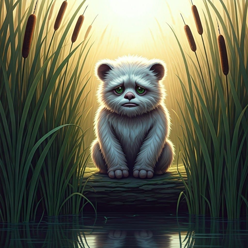 Solemn Ewok Contemplating Pond in Fantasy Art Style