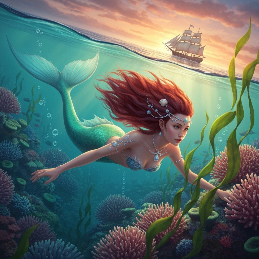 Auburn Mermaid in Coral Reef at Sunset