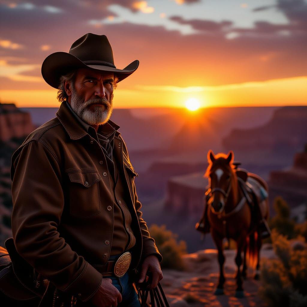 Cowboy Silhouette at Fiery Grand Canyon Sunset