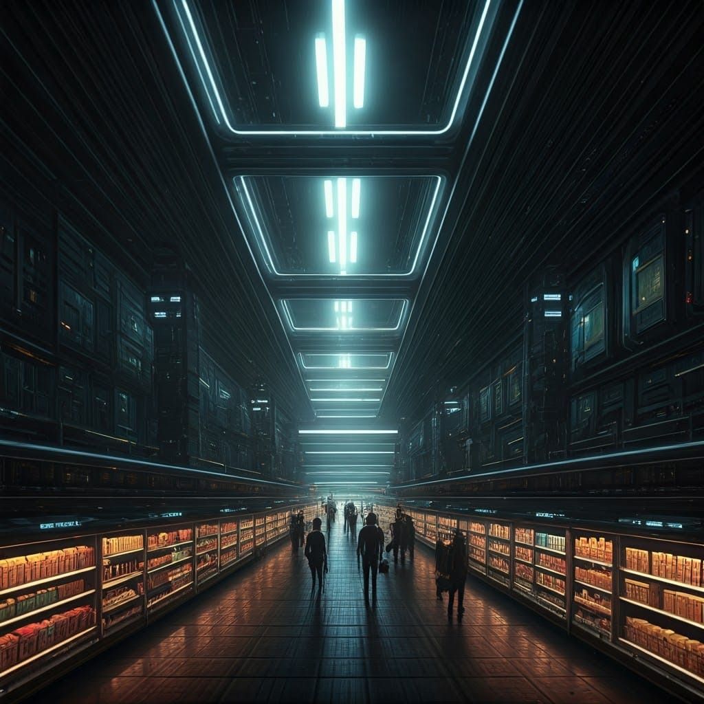 Futuristic Hypermarket Interior with Extraterrestrial Shoppe...