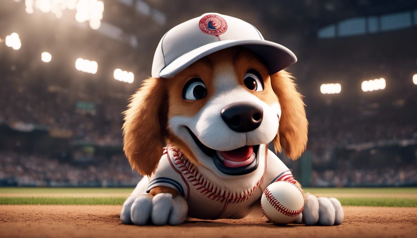 Cute dog playing baseball in stadium