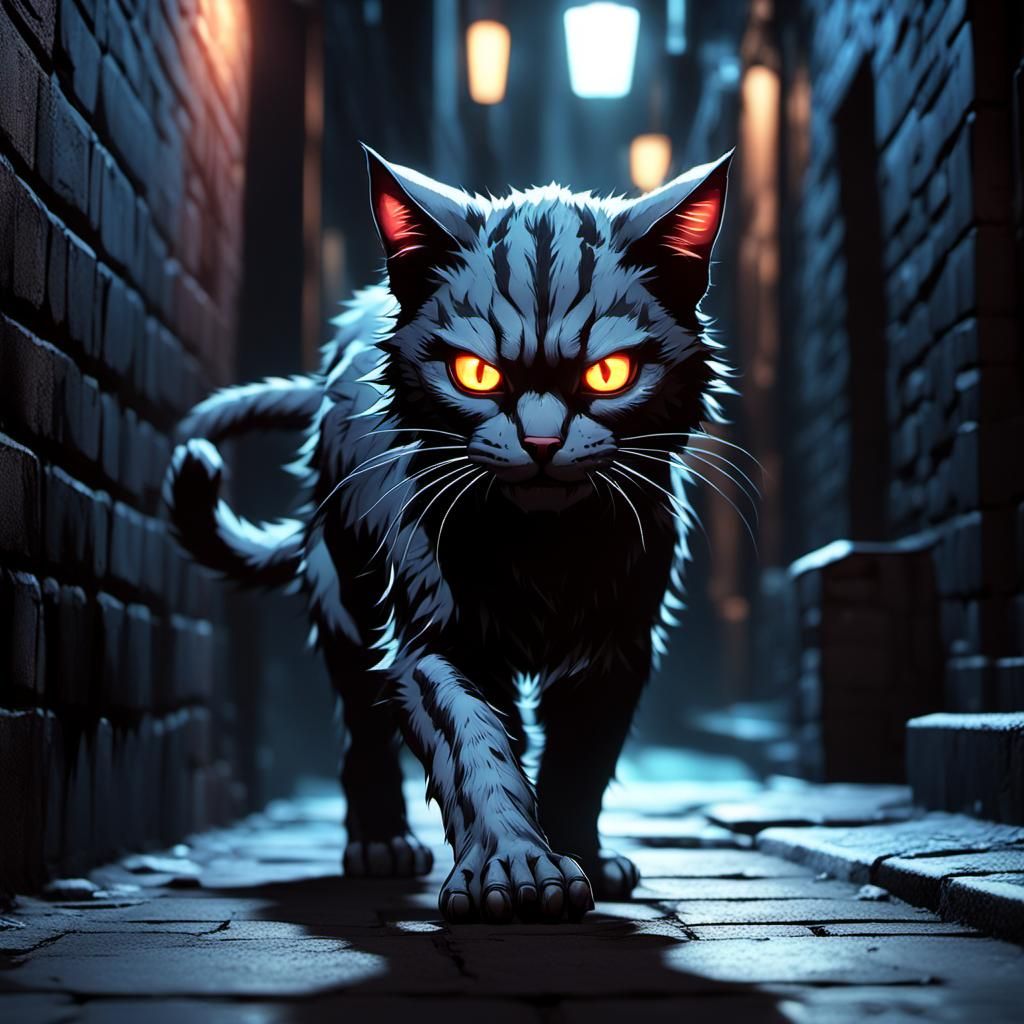 Menacing Anime Cat Prowls Dark Alley in Tech Noir
