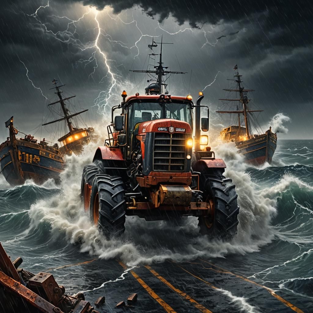 Tractor Battles Pirates in Stormy Seas