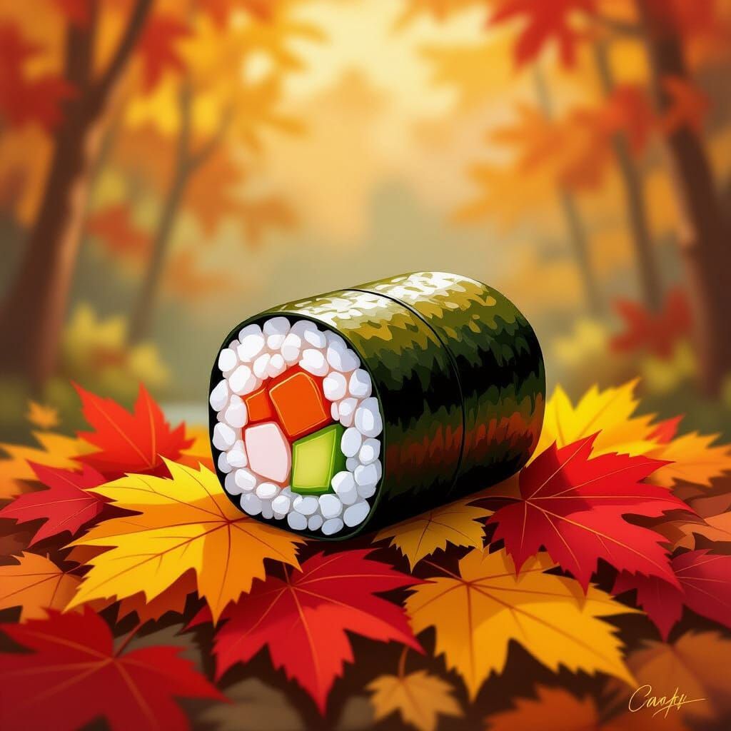 Naive Painting Style Sushi Roll on Autumn Leaves