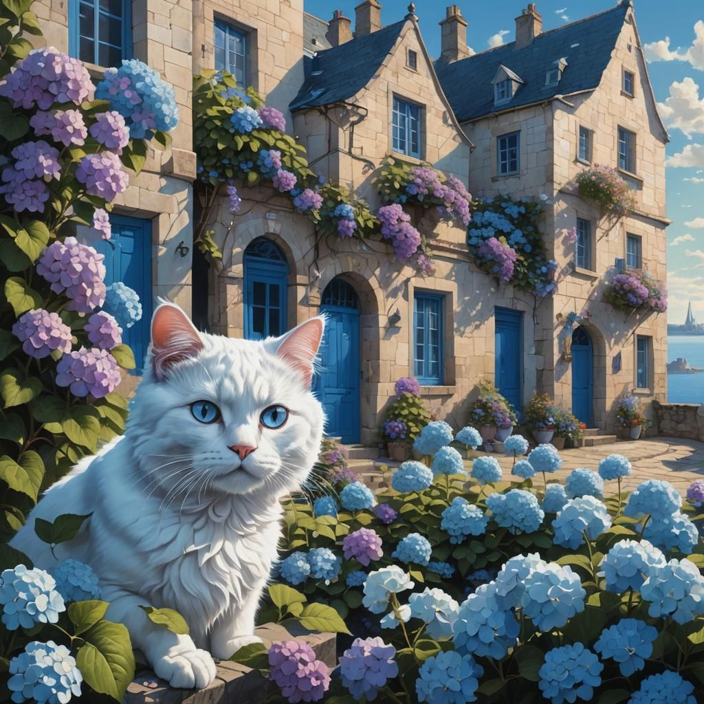 Brittany Scene: White Cat, Bluebird, Hydrangeas