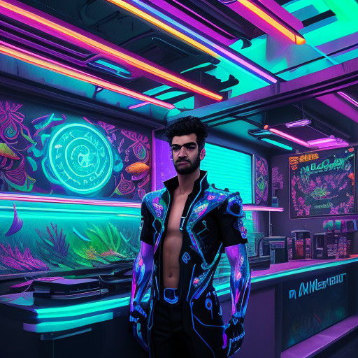 Vibrant Digital Art of Futuristic Shopkeeper and Iridescent....